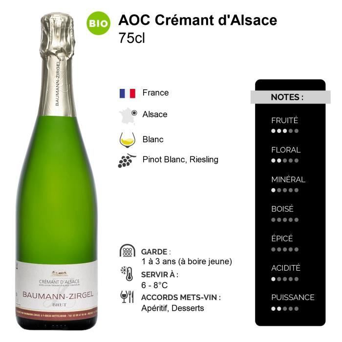 Crémant d'Alsace Brut Blanc - Bio - Lot de 6x75cl - Domaine Baumann-Zirgel - Vin effervescent AOC Blanc d' Alsace