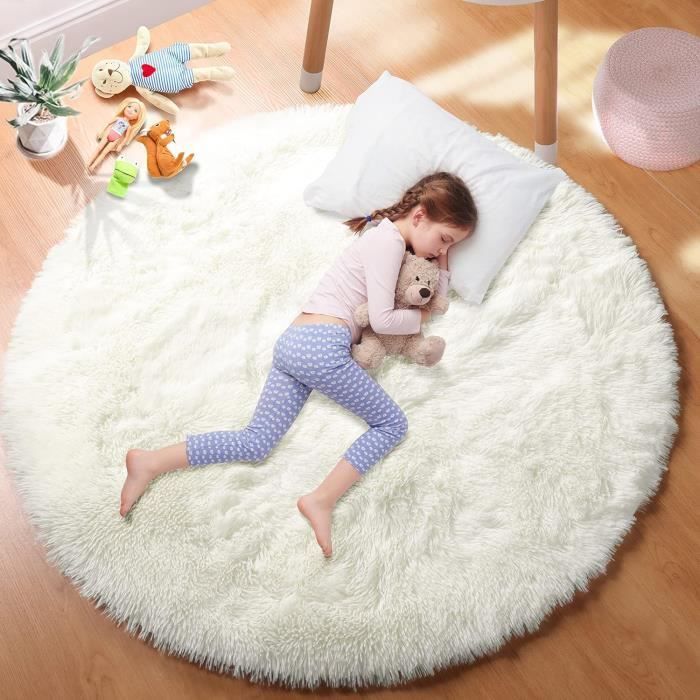 Tapis Rond Chambre 120cm - Anti Slip Doux Moelleux - Blanc