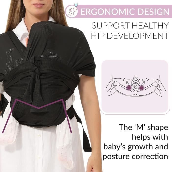 Baby sling - lightweight kangaroo-style baby carrier with chest harness for mom and dad - newborn to 20 kg, Black
