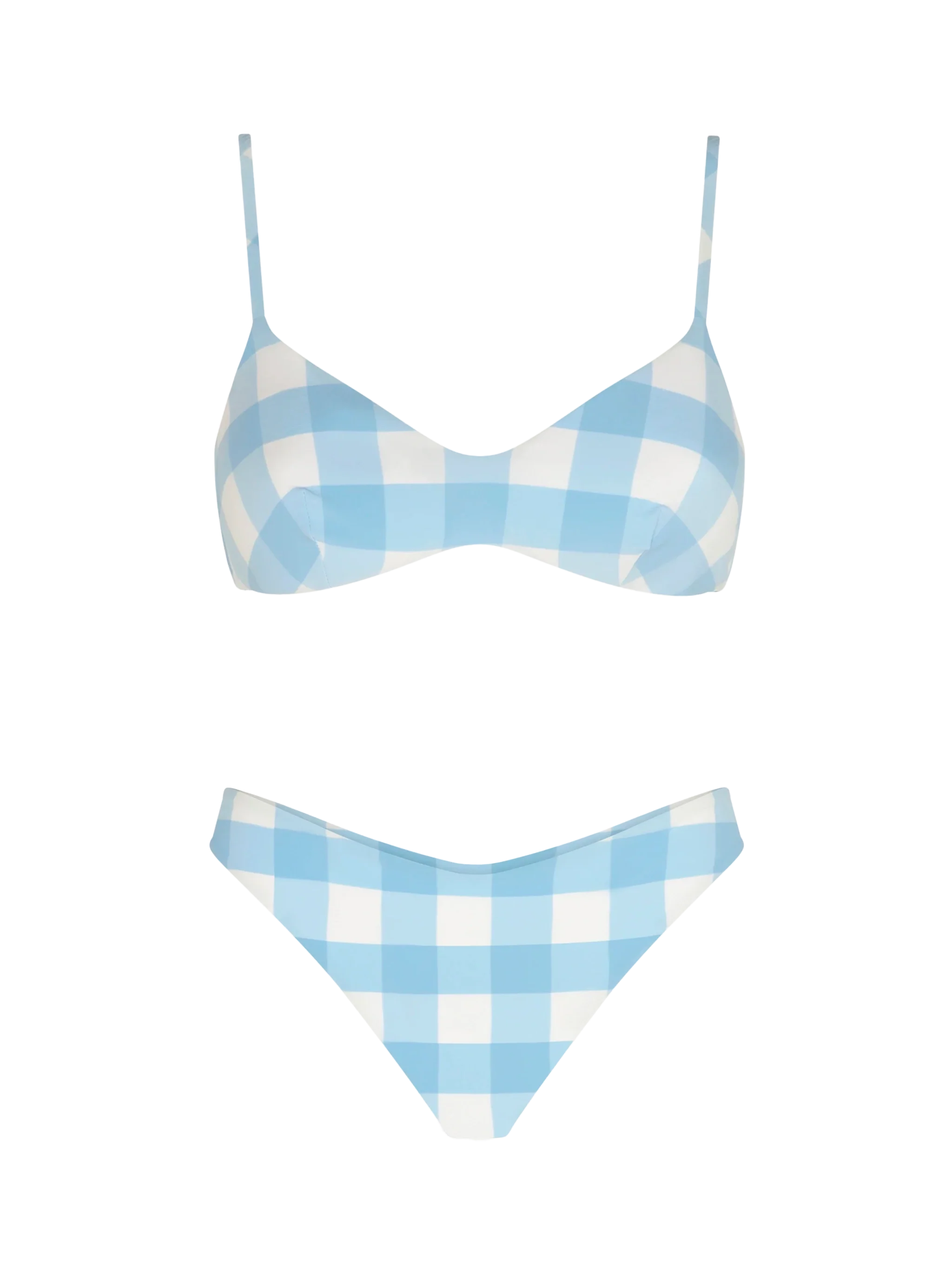 Geruite bralette bikini met hoog uitgesneden bikinibroekje.