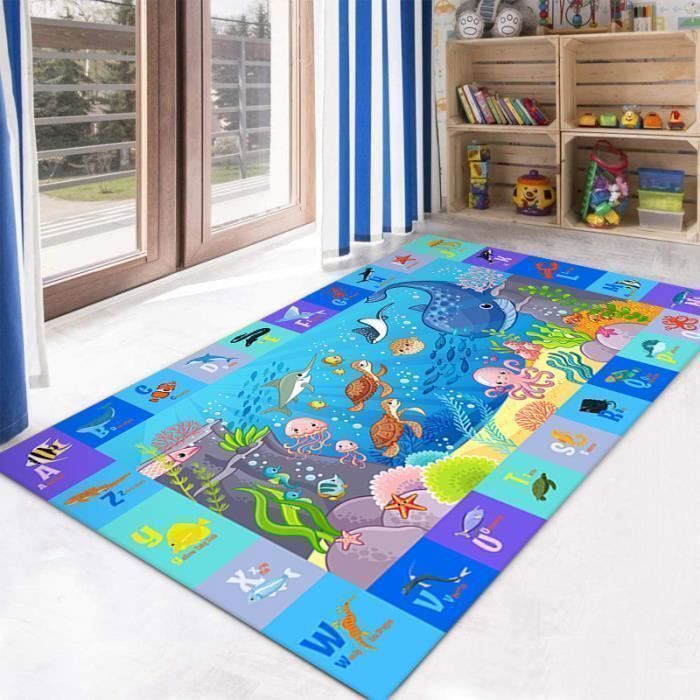 Alfombra de juegos para bebés, alfombra de actividades infantiles, diseño Mundo Submarino, alfombra azul de 120x160 cm.