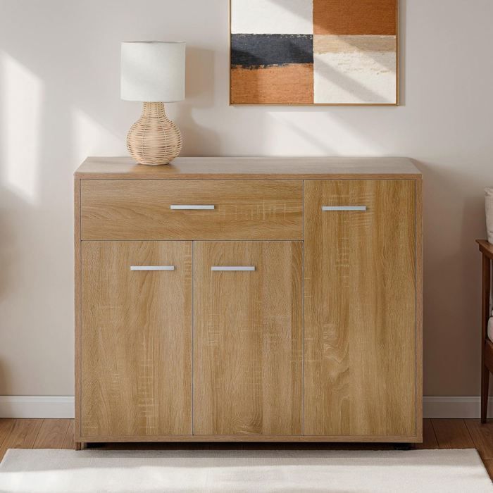 Zapatero CAMILLE, cómoda/mueble de almacenamiento con 1 cajón y 3 puertas, en melamina efecto roble Sonoma.