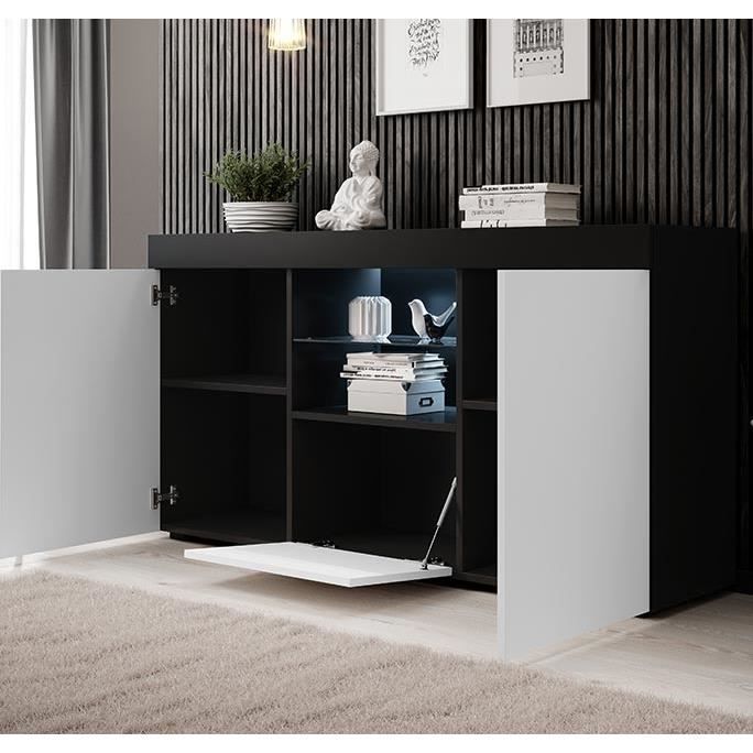 Aparador de 3 puertas con iluminación LED | 150 x 83 x 40 cm | Negro mate y blanco | Mueble de almacenamiento | Modelo NATOLIA