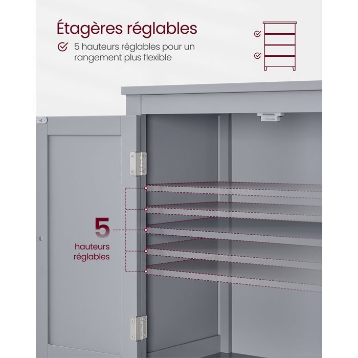 VASAGLE Armoire de Salle de Bain, Meuble de Rangement, Placard de Cuisine avec 4 Portes, Étagères Réglables, 30 x 60 x 110 cm, Gris
