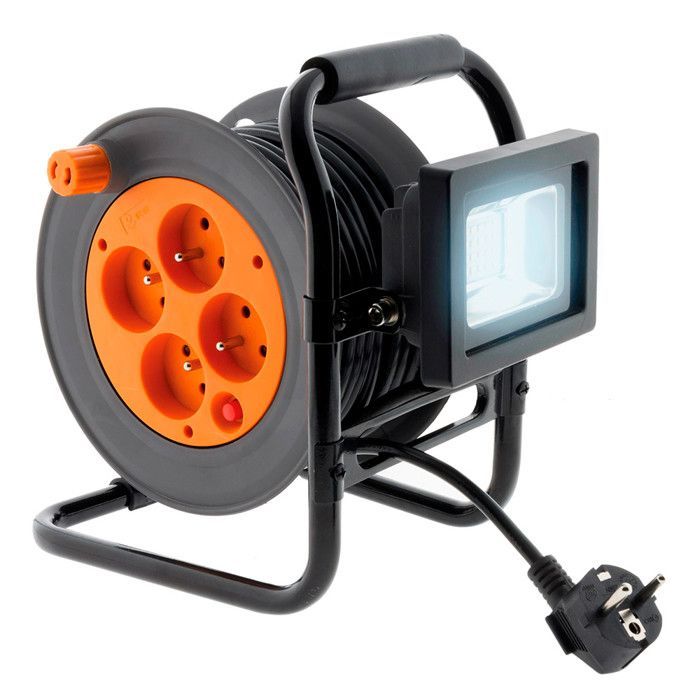 carretes de cable eléctrico 2P+E + foco LED de 15 m - Naranja - Zenitech