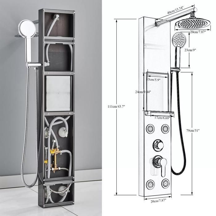 Columna de ducha de hidromasaje en acero inoxidable, panel de ducha multifuncional con grifo mezclador para baño.