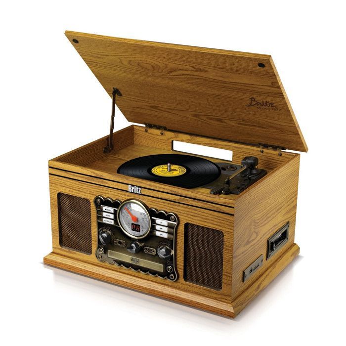 RETRO Turntable - Britz - 50W - 33/45/78 RPM - USB SD / Bluetooth FM Radio / CD/Cassette Player - 2 Stereo Speakers - Wood