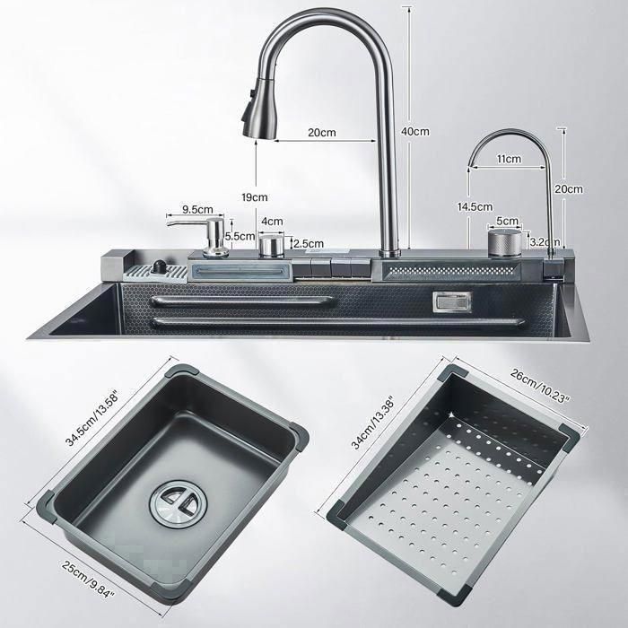 Multifunktionale Edelstahl-Küchenspüle mit Wasserfallkante, schwarze Küchenspüle mit Digitalanzeige, großes Einzelbecken 75 x 45 cm