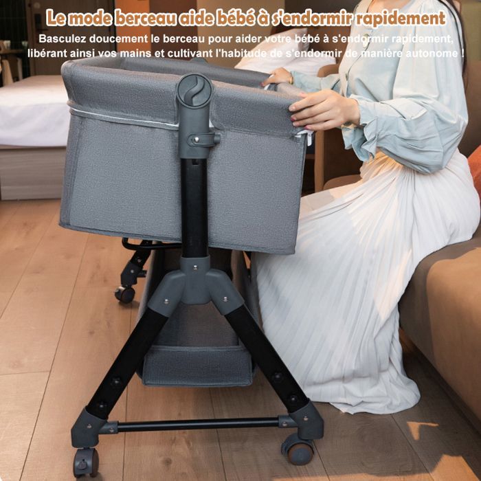 Lit Bébé Berceau Cododo pour Bébé 0-36 Mois, Hauteur Réglable Lit Cododo avec Matelas, Panier de Rangement, Table à Langer - Gris