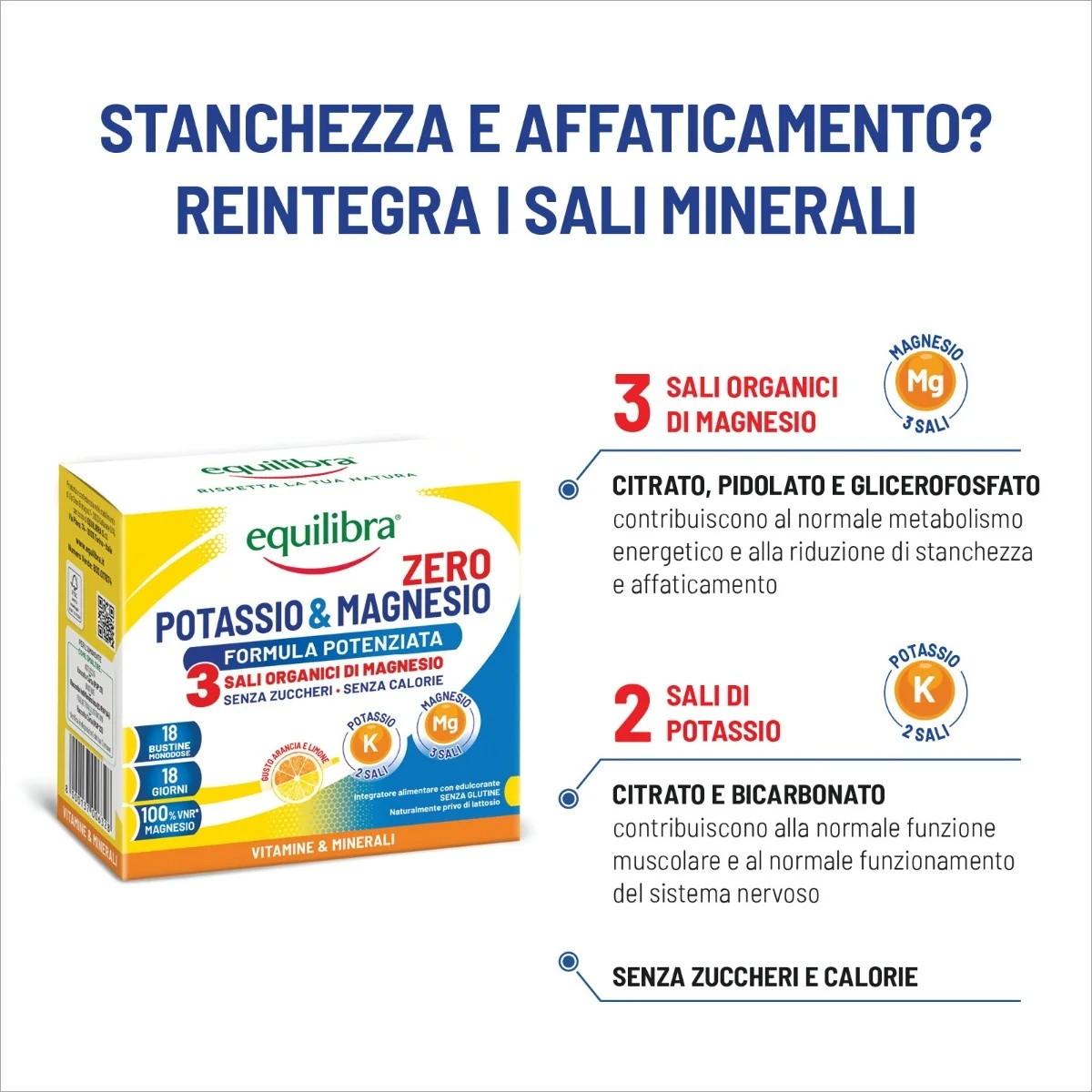 EQUILIBRA Kalium en Magnesium Zero 3 18 zakjes suikervrije mineraalzouten