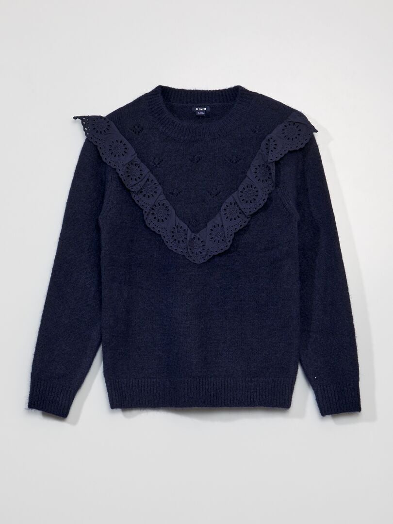 Trui met ruches en Engelse borduursteek - blauw en zwart