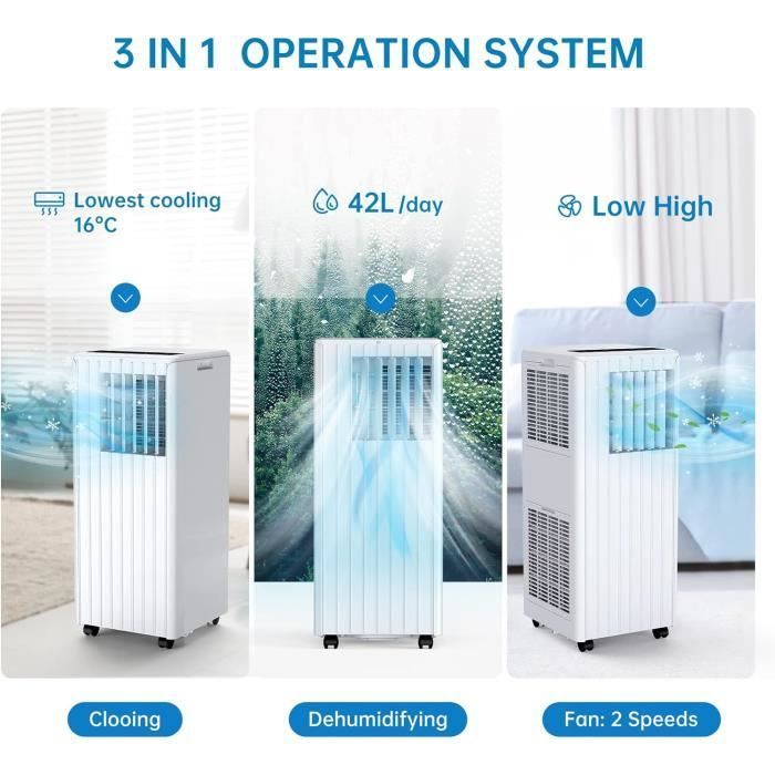 Baloveby 9000BTU Silent Portable Air Conditioner, 42L/Day Dehumidifier, 2 Speeds with Remote Control, Energy Class A