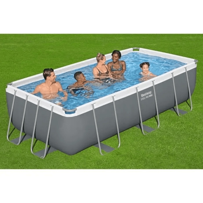 Piscina rectangular elevada Steel Pro MAX™, 404 x 201 x 100 cm, filtración por cartucho, escalera y skimmer.