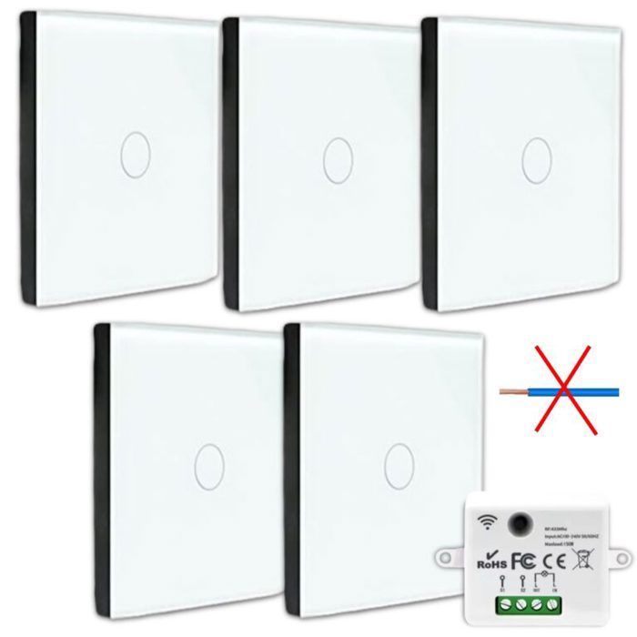 Wireless touch switch kit, no neutral required - Ready-to-install two-way switches - 5 wall-mounted remote controls + 1 radio module