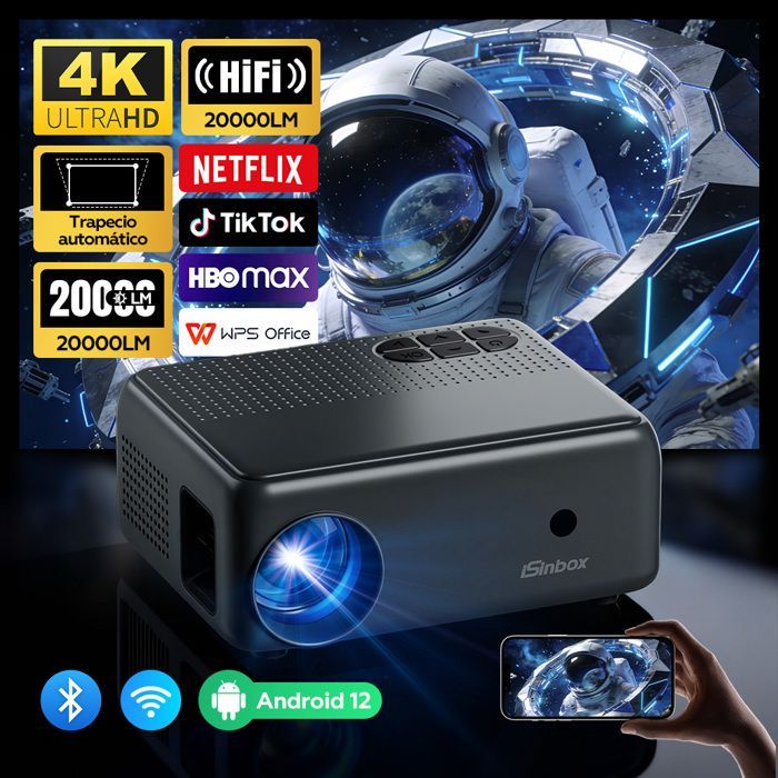 Projecteur Portable Gris WiFi 6, Vidéoprojecteur Intelligent 4K Supportée Full HD, Bluetooth 5.0, Home Cinéma