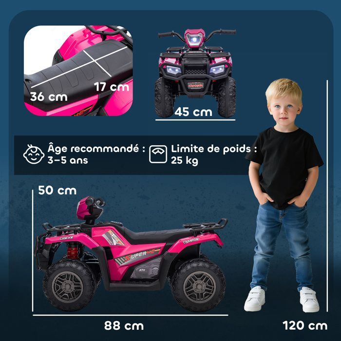 Quad eléctrico infantil - HOMCOM - 12V - doble motor, velocidad 2-4 km/h, faros y música - PP y acero - 88x45x50cm - rosa