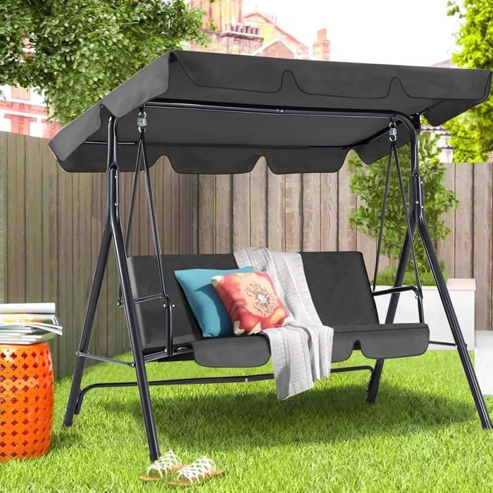 Columpio de jardín YODOLLA de 3 plazas con toldo ajustable - 172 x 112 x 150 cm - Metal - Gris