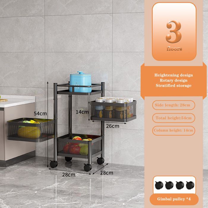 Keukenwagen met 3 etages op wielen, metalen trolley met draaibare mand, zwart, 28x28x54 cm