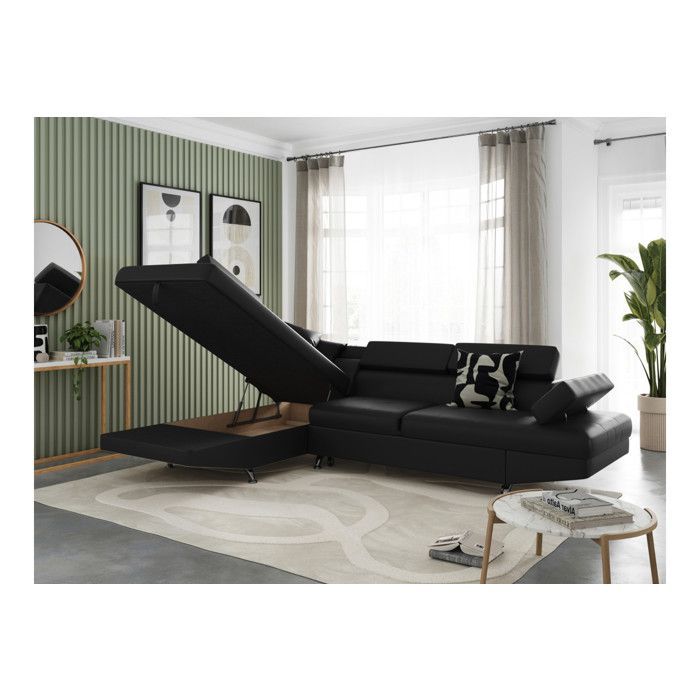 Canapé d'angle gauche 5 places RIO convertible avec coffre en simili - Noir - L271 x P192 x H70cm - LOUNGITUDE