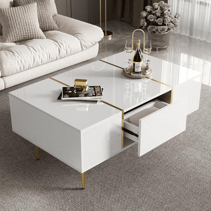 Tavolino da caffè - SOMUBI - Moderno - 2 cassetti - MDF - 100x60x41,5 cm - Bianco lucido