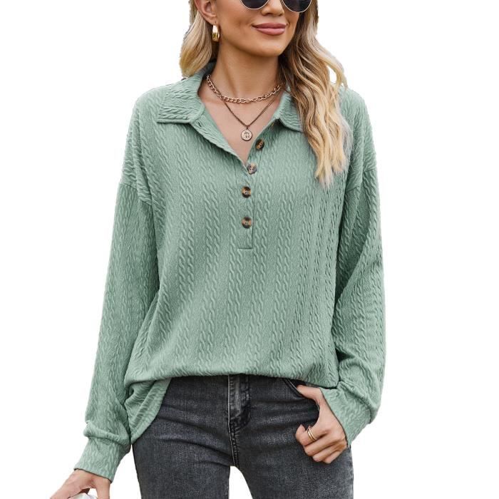 Sweat Femme INSFITY - Col Revers Manches Longues Boutons Automne Printemps - Vert
