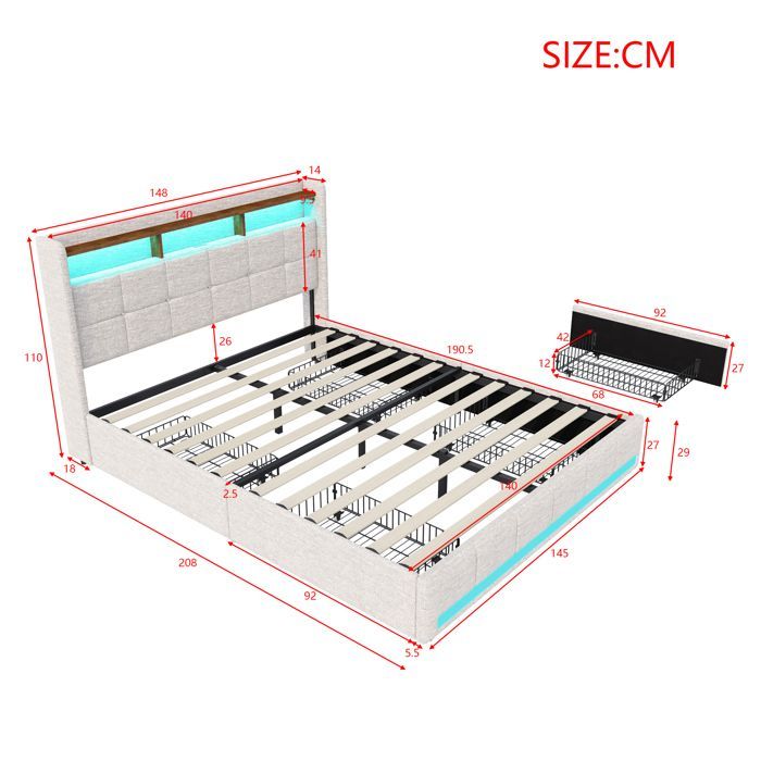 Cama doble 140x190 - HOFURNI - Moderna - 4 cajones - Recargable por USB - LED ajustable