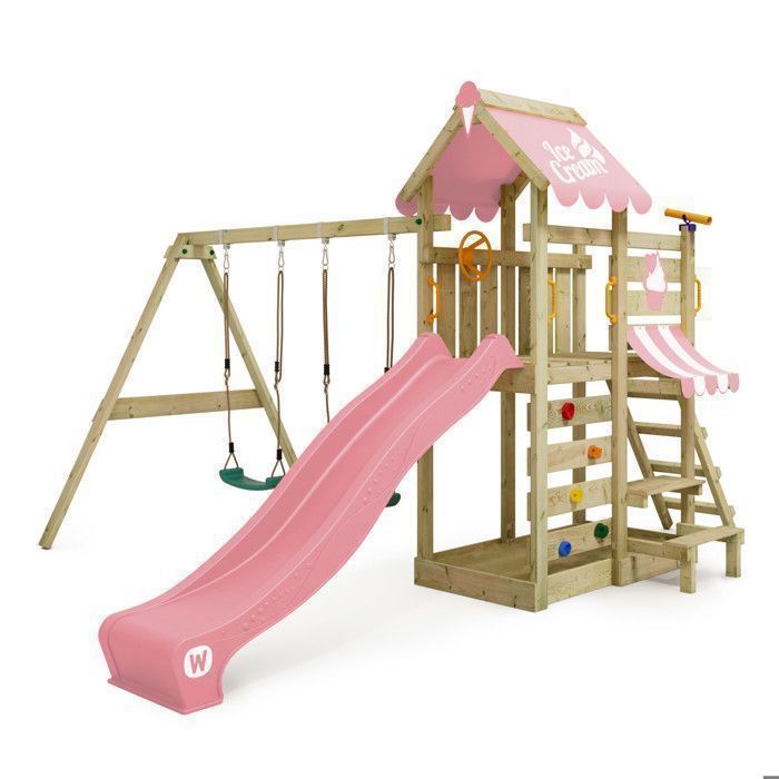 Zona de juegos de madera WICKEY VanillaFlyer con columpio doble, tobogán rosa pastel y mesa de picnic – 10 años de garantía*