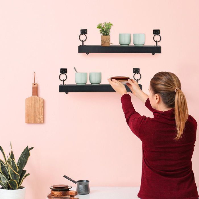 Estantes de pared Relaxdays, juego de 2, Alto x Ancho x Profundidad: 13 x 48 x 12 cm, Montaje en pared, Almacenamiento decorativo, MDF y metal, Negro