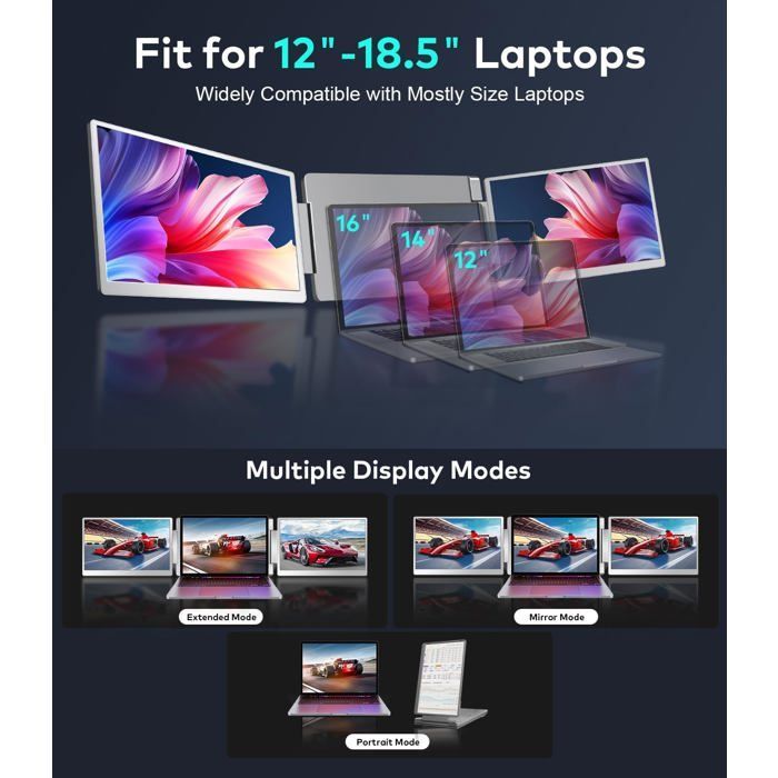 Portable Monitor for Computer, Triple Screen IPS 15.6-inch FHD 1080p, 12-18.5 inch Extendable