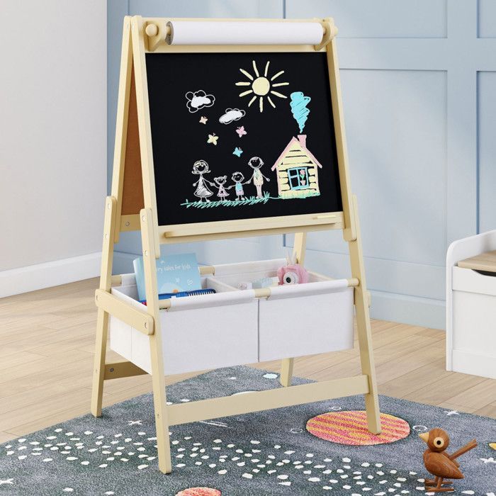 IDMARKET 3-in-1 Children's Easel with Double-Sided Paper Roll and 2 Storage Baskets