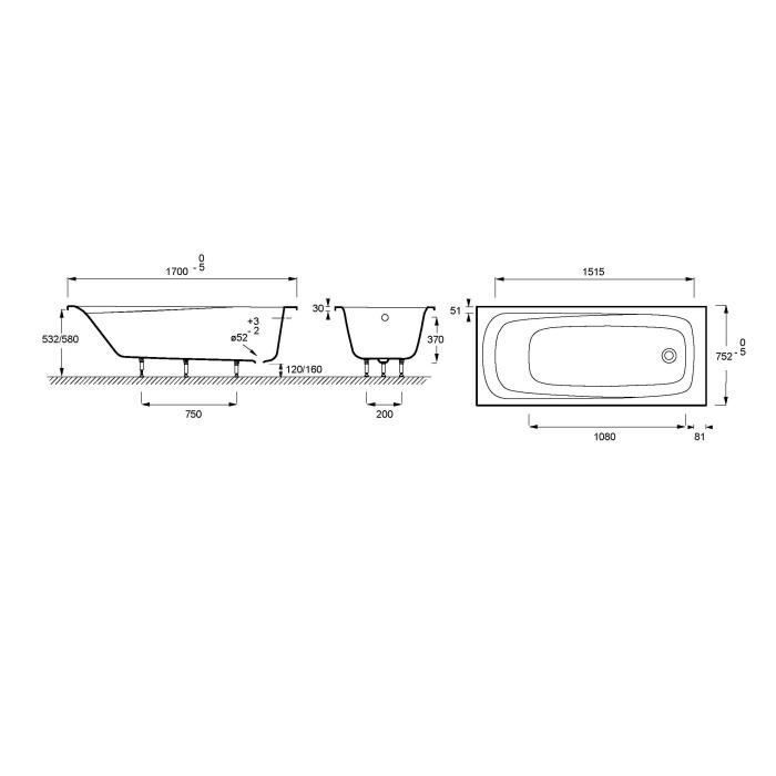 Jacob Delafon E6115-00 Brive Bañera rectangular 170x75 cm blanco