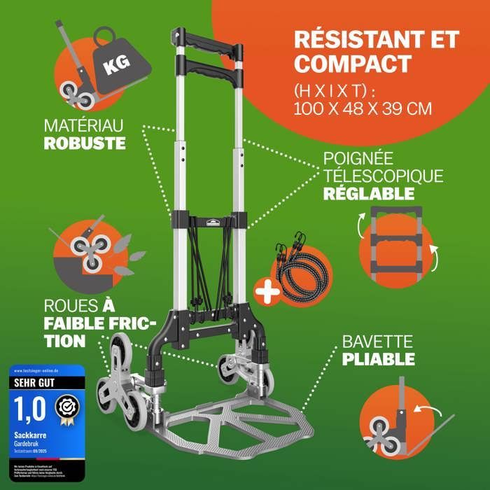 GARDEBRUK® Diable aluminium pliable escalier 80kg 6 roues pleines increvables gants 2 tendeurs chariot de transport déménagement