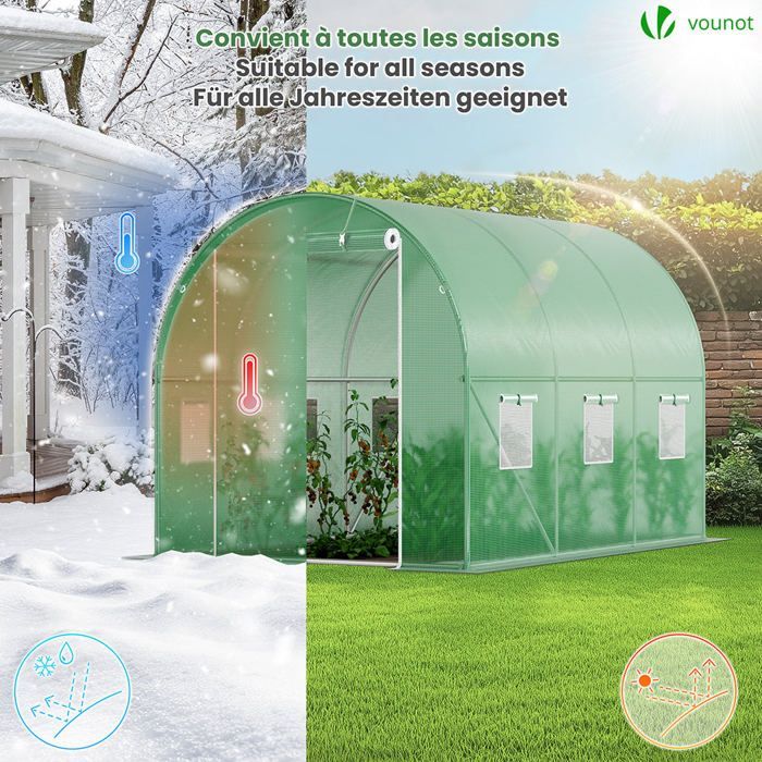 Invernadero tipo túnel VOUNOT - 6 m² Verde - Acero galvanizado - Ventana con mosquitera, puerta enrollable, barra de protección contra tormentas