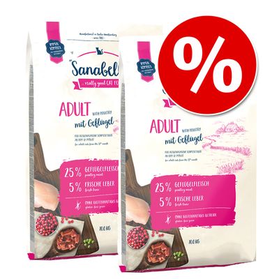 Alimento seco para gatos Sanabelle, paquetes económicos de 2 x 10 kg.