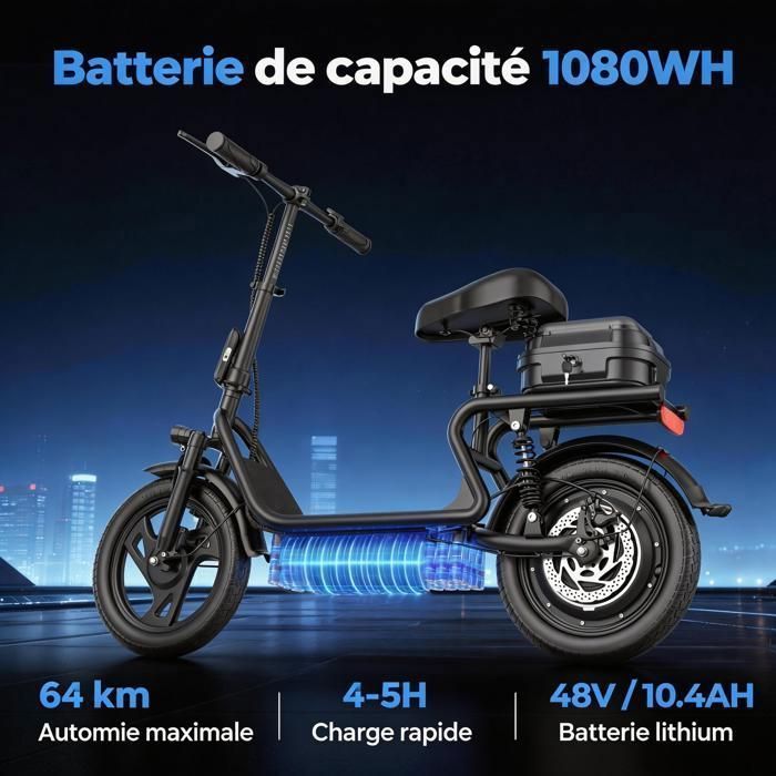 Monopattino elettrico da 500W con sedile e cestino, ESBSPRO, autonomia 64 km, pneumatici da 14”, velocità massima 35 km/h, pieghevole, app