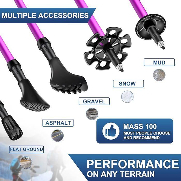 Bastones telescópicos de aluminio, bastones ultraligeros ajustables para marcha nórdica para mujer, senderismo y trekking, color morado.