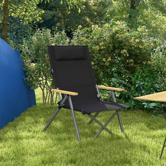Campingstuhl – Outsunny – faltbar und tragbar – verstellbare Rückenlehne, gepolsterte Kopfstütze, Tasche – 74 x 59,5 x 98 cm – schwarz