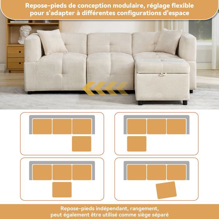 Sofá de canto de chenille com 3 lugares, compartimento de arrumação, pufe modular e 2 almofadas – Bege