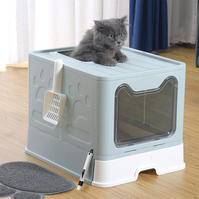 VIVOLILV Bac à Litière,Pelle incluse,Maison de toilette pour chat Pliable,ChatEntrée Avant et Sortie supérieure, 51x41x38,Bleu