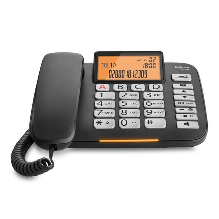 Teléfono con cable - GIGASET DL580 - Manos libres - Identificador de llamadas - Agenda telefónica con 99 nombres y números - Negro
