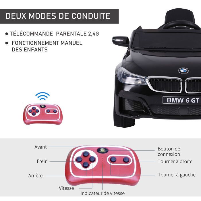 Electric car - HOMCOM - children's 6V 3 km/h sound and light effects remote control - PP - BMW 6 GT - black