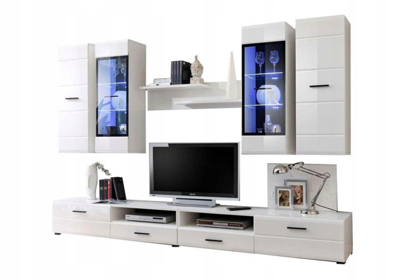 Meblościanka LAUR MDF biały połysk 280cm szafka RTV półka półki wiszące LED