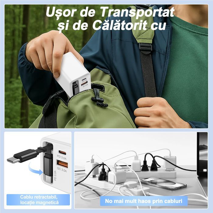 FOSMET 80W Fast Charger, Multi-Socket Replacement, Super Fast Charging, with Retractable Cable, for iPhone/Samsung/Huawei/Galaxy
