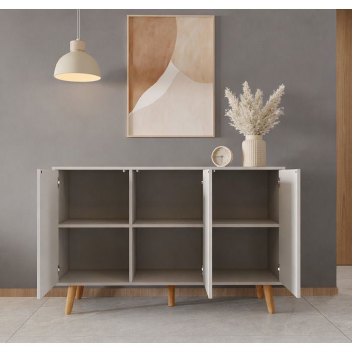 Buffet Enfilade RENZO - Design 3D Strié - 3 Portes Push-to-Open - L 120 cm - Blanc Mat - Pieds 15 cm - Style Scandinave