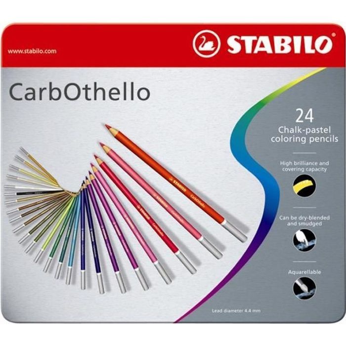 Lápices de tiza pastel - STABILO - CarbOthello - Caja metálica de 24 unidades - Parcialmente solubles en agua - 60 colores