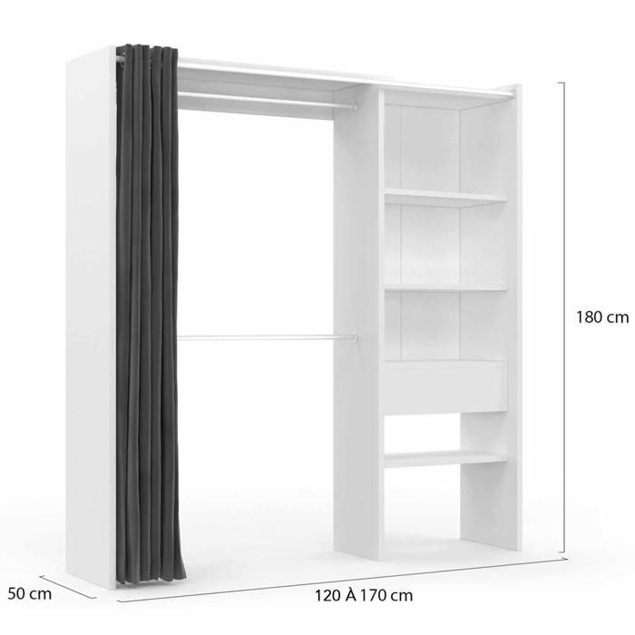 IDMARKET Dressing extensible MARTY 120/170 x 50 x 180 cm blanc avec étagères + double penderie + rideau gris