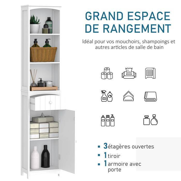 Meuble colonne - HOMCOM - rangement salle de bain WC étagère tiroir placard mobilier - bois - 34x24x170cm - blanc