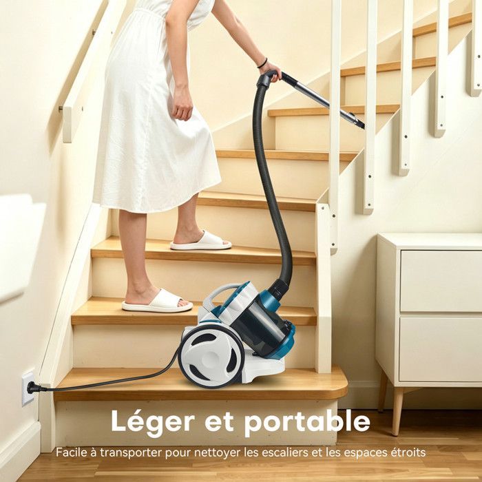 MONMECD Aspirateur Traineau Sans Sac 1500W, 2L, 22kPa Puissant,  Léger, Ergonomique, Filtre HEPA Lavable, Câble 4.5m, Bleu & Blanc