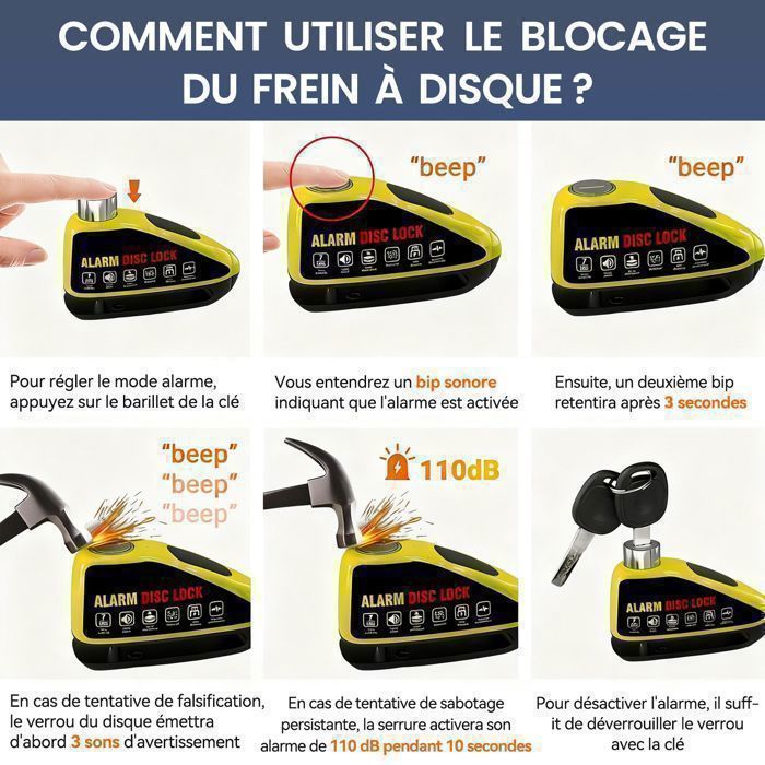 Candado de disco recargable por USB Antivel para motocicleta - Alarma de alta seguridad de 110 dB - con cable recordatorio antirrobo - para motocicleta/scooter