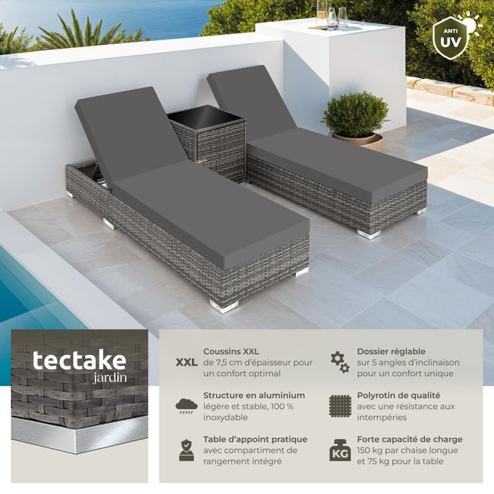 Bain de soleil - TECTAKE - Lot de 2 bains de soleil avec table RIVAGE, contemporain, en aluminium et rotin 184 x 60 x 21 cm - Gris